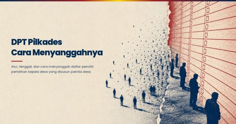 Warga desa berbaris menuju deretan kolom kosong daftar pemilih, menggambarkan DPT pemilihan kepala desa yang disusun panitia desa