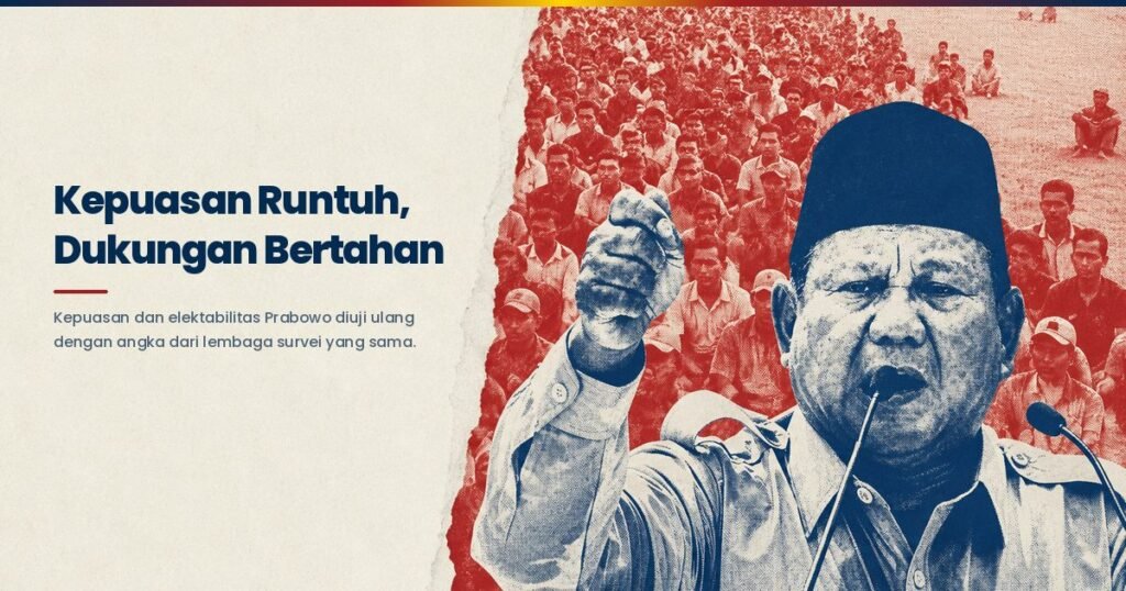 Grafik perjalanan kepuasan publik dan elektabilitas Prabowo Subianto dari waktu ke waktu