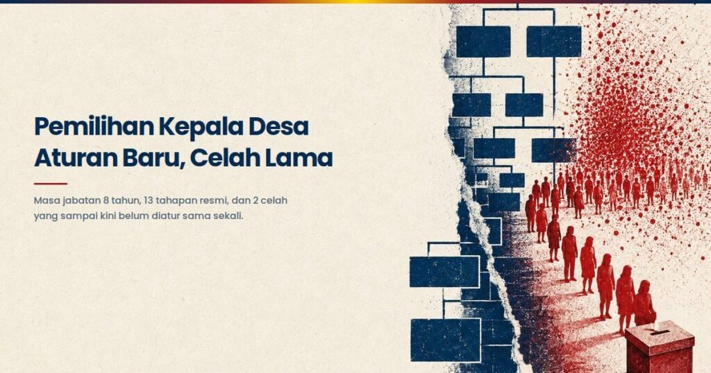 Bagan aturan pemilihan kepala desa terpisah sobekan kertas dari antrean warga menuju kotak suara