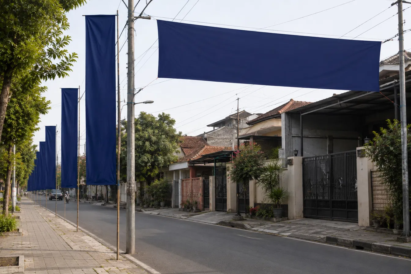 Spanduk melintang dan deretan umbul umbul kosong terpasang di ruas jalan permukiman pada masa kampanye