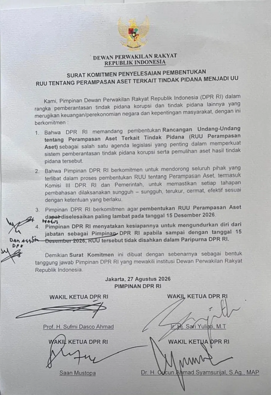 Surat Komitmen Penyelesaian Pembentukan RUU tentang Perampasan Aset Terkait Tindak Pidana Menjadi UU, tertanggal 27 Agustus 2026, ditandatangani empat Wakil Ketua DPR RI